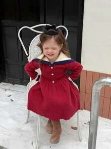 Dazy Kids Infant/Toddler (Girl) Contrast Color Korean Style Long Sleeve Autumn/Winter Dress - Red - View 5