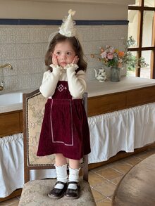 DAZY Infant/Toddler (Girl) Korean Style Solid Color Layered Pinafore Dress - Red - View 8