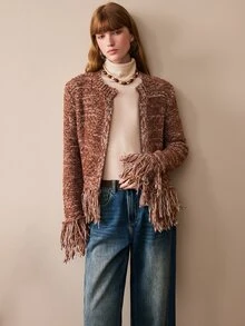 Arave Women's Jacket Straight Short Fit Tweed Fringe Hem Cuffs Round Neck Single Button Elegant Brown Textured Autumn Outfit For Women Thanksgiving - Multicolor - View 7