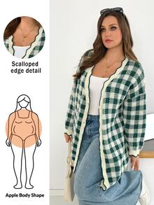 Shapeblank Women's Plus-Size Fall/Winter Fashionable, Casual, Loose, And Comfortable Green Plaid Long-Sleeve Mid-Length Knitted Cardigan For Daily Wear,Christmas - Green - View 1