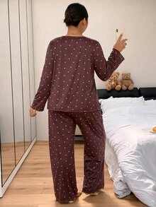 Napfluff CURVE Napfluff CURVE Romantic Heart Print Lace Trim V-Neck Long Sleeve Pants Plus Size Pajama Set - Brown - View 2