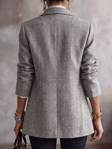Trelyra Autumn/Winter New Herringbone Square Neck Jacket, Gray Loose Fit 2-Button Casual Commute Overcoat, Outdoor Wear, Office Wear, Fashion Minimalist Jacket - Grey - View 2