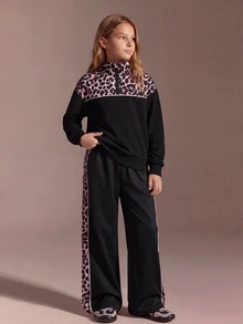 SHEIN 青少年女孩秋季套裝 2件/套 時尚休閒運動風 黑色立領夾克與長褲套裝，時尚簡約 - 黑色 - 查看 3