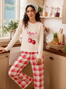 Tulorae Christmas Red Plaid Print Knit Cherry Long Sleeve Top & Plaid Pants Pajama 2 Pieces Set - Red - View 3