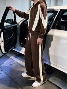 STEELVANCE 男士條紋拼色運動衫與抽繩腰長褲套裝 - 咖啡棕 - 查看 3