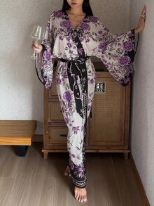 DAZY 花卉圖案寬鬆繫腰長版開襟睡袍，女款睡衣外穿家居服 - 紫色 - 查看 3