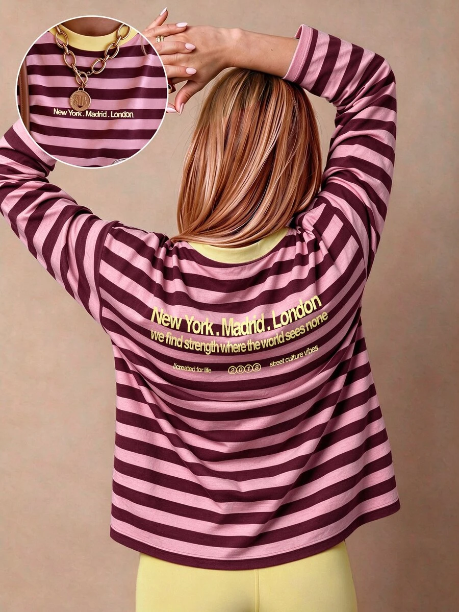 Women's Autumn/Winter Basic Striped Colorblock Patchwork Crew Neck Long Sleeve Top, Suitable For Back To School, Travel, Street Style And Casual Wear - Multicolor - View 1