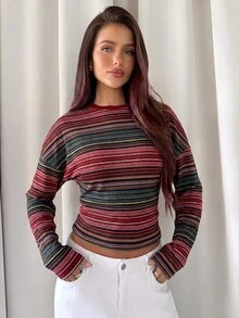 Aloruh Women's Round Neck Long Sleeve Drop Shoulder Striped T-Shirt - Multicolor - View 4