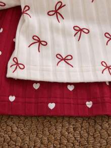 SHEIN 4pcs Toddler Girl Top Pants Set Cute Sweet Red White Heart Ribbon Frill Ribbed Long Sleeve Crew Neck Regular Holiday Fall Ballet Lettuce Hem - Red - View 4