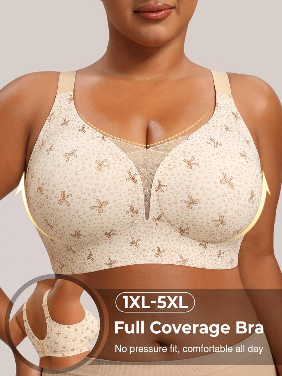 SHEIN حمالة صدر بانداو بدون سلك بتصميم بسيط مقاس كبير، مزينة بفيونكة ورقعات شبكية، بحزام عريض مانع للانزلاق، كاجوال مريحة بدون خياطة، 1 قطعة - بيج - مشاهدة 1