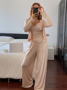 DAZY 3-Piece Minimalist Solid Color Women's Pajama Set - Khaki - View 1