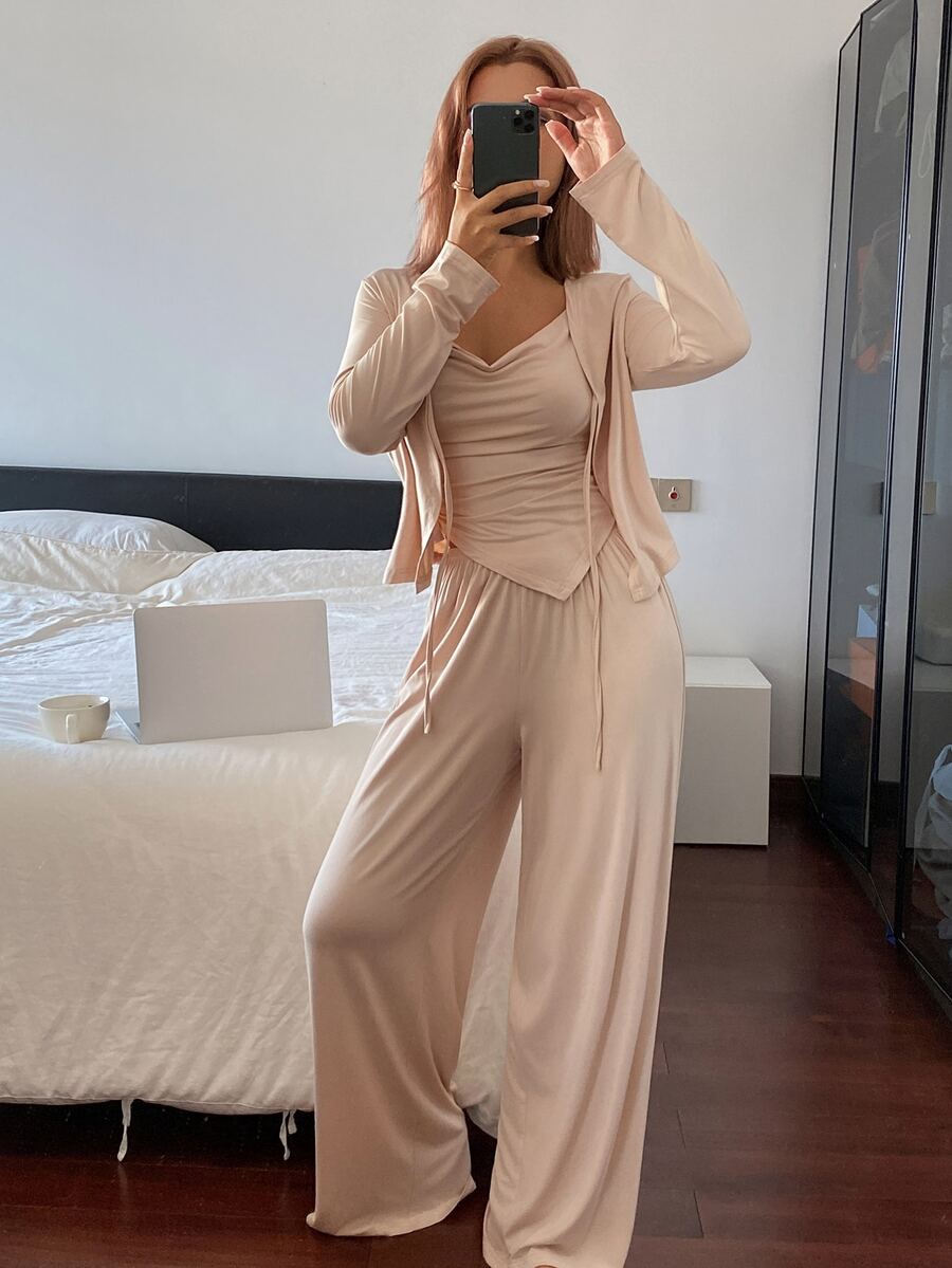 DAZY 3-Piece Minimalist Solid Color Women's Pajama Set - Khaki - View 1