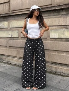 Coolane 女款秋冬外出休閒街頭風性感Y2K時尚度假日常穿搭可愛學院風黑白波點Bai'y細肩帶直筒褲 - 黑色 - 查看 6