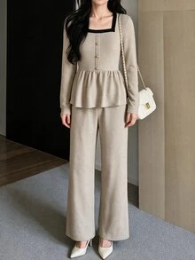 Yumoku Women's Contrast Trim Ruffle Patchwork Top And Long Pants Sweet 2 Pieces Set - Apricot - View 1