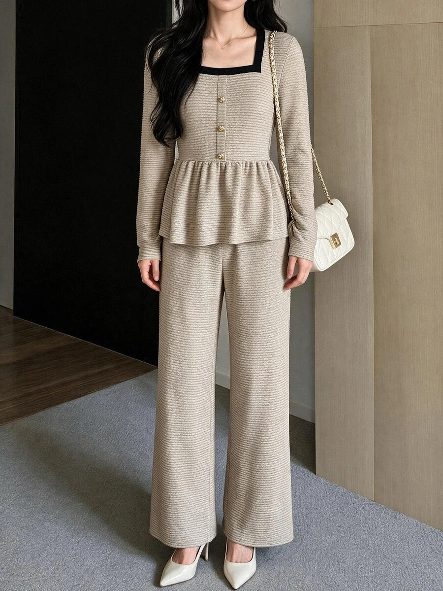 Yumoku Women's Contrast Trim Ruffle Patchwork Top And Long Pants Sweet 2 Pieces Set - Apricot - View 1