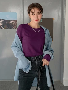 DAZY 素色圓領長袖女款上衣，秋季女裝上衣 - 中紫紅色 - 查看 5