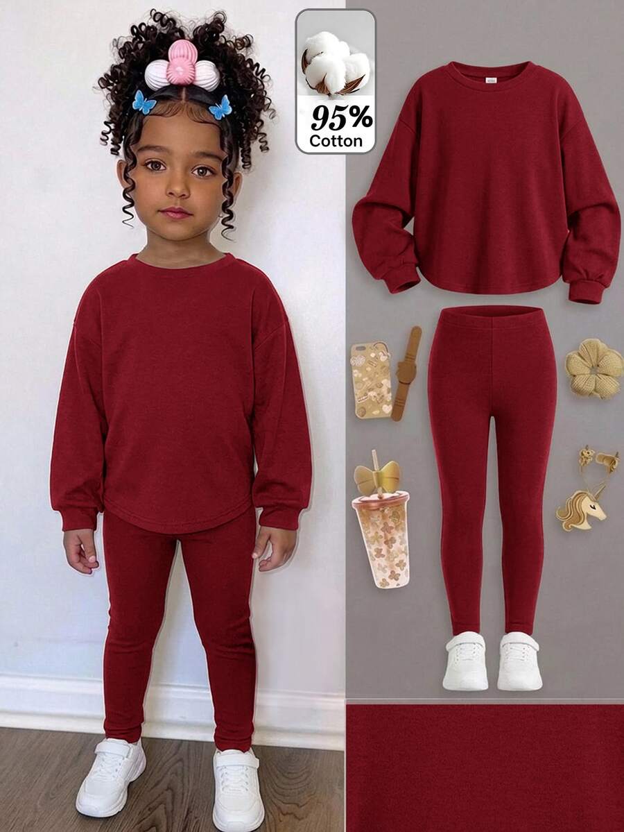 SHEIN 少女簡單寬鬆T恤與修身長褲套裝 - 酒紅色 - 查看 1
