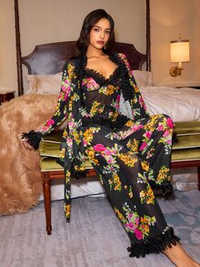 Slumberist Women's Sexy Floral Print Mesh Sheer Camisole, Long Pants And Robe 3 Pieces Set - Black - View 1