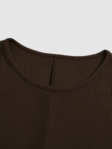 Elenzga Black Apricot Round Neck Long Sleeve Ribbed Knit Cinched Waist Flattering Full Flare Short Dress For Women - Brown - View 6
