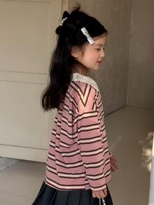 Dazy Kids Young Girl Striped Polo Collar Long Sleeve Casual T-Shirt - Pink - View 8