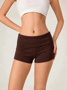 SHEIN BASICS 女款休閒基礎保守版寬鬆運動休閒風純色羅紋針織短褲，夏季健身房運動白色運動健身皮拉提斯 - 咖啡棕 - 查看 3