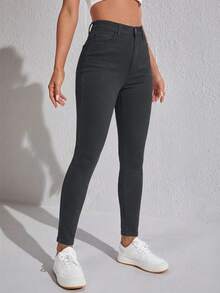 SHEIN SXY 女款素色高腰斜口袋緊身時尚牛仔褲 - 灰色 - 查看 5