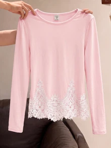 Tween Girls Knit Light Tween Girl Pink Hem Contrast Lace Casual Long Sleeve T-Shirt - Pink - View 4