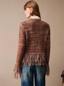 Arave Women's Jacket Straight Short Fit Tweed Fringe Hem Cuffs Round Neck Single Button Elegant Brown Textured Autumn Outfit For Women Thanksgiving - Multicolor - View 4