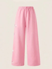 SHEIN 青少年女孩休閒高級質感寬腿褲，附口袋，針織，街頭風，寬鬆修身，大廓形，秋季服飾，萬聖節，校園 - 粉色 - 查看 2