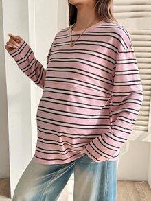 SHEIN 孕婦條紋哺乳T恤，休閒秋季穿著 - 彩色 - 查看 4