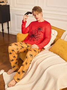 Notgurli Men's Fashionable Funny Spider Pattern Halloween Themed Print Long Sleeve Set, Comfortable Home Sleepwear - Multicolor - View 5