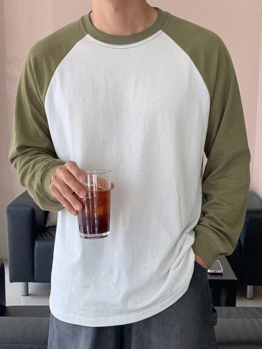 DAZY تي شيرت رجالي بأكمام طويلة بتصميم مرقع وألوان متباينة، لفصل الخريف - أخضر عسكري - مشاهدة 1