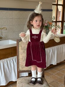 DAZY Infant/Toddler (Girl) Korean Style Solid Color Layered Pinafore Dress - Red - View 9