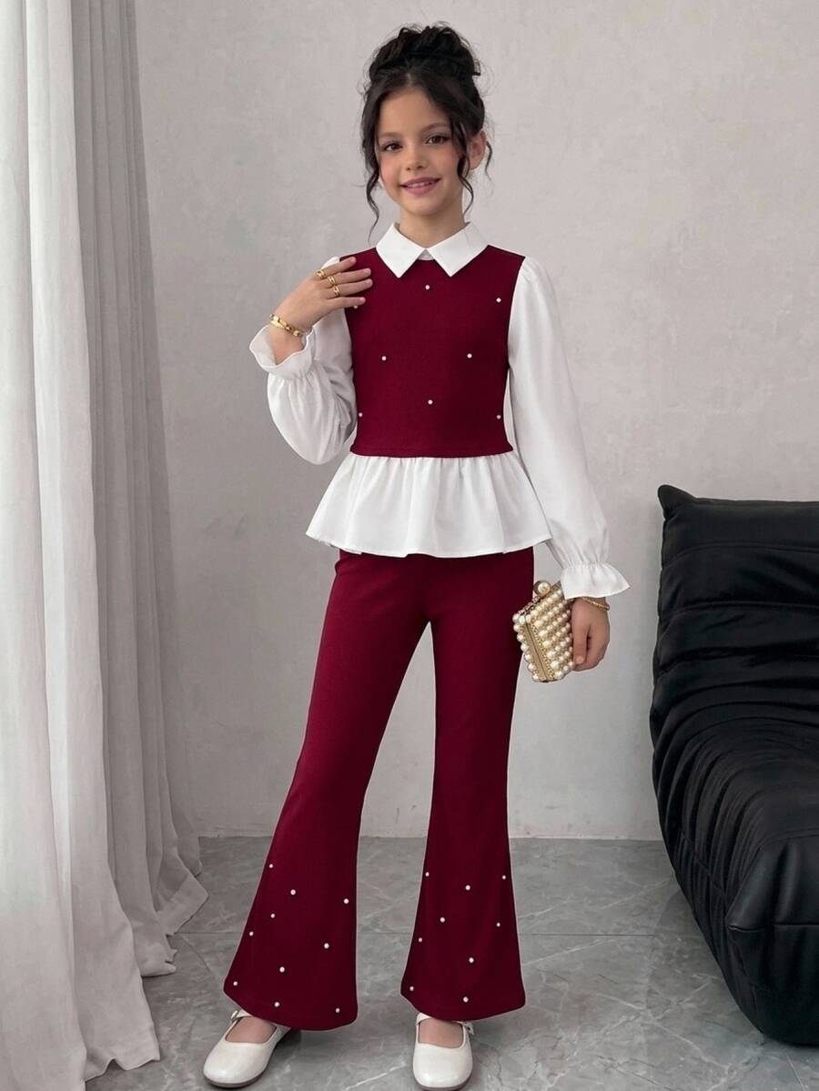 SHEIN Tween Girls Red Colorblock Polo Collar 2-Piece Set, Winter Autumn Back To School Formal Occasion Daily Comfortable Versatile - Red - View 1