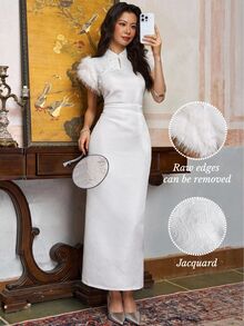 EastFlair Women's Solid Color Frog Button Design Patchwork Faux Fur Slim Fit Elegant Long Dress - White - View 1
