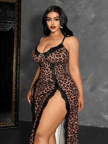 Maweii Plus Size Women's V-Neck Leopard Print Lace High Slit Cami Dress, Suitable For Vintage Party, Photography, Fashion Street Style, Halloween, Leopard Print Element Highly Recognizable - Multicolor - View 2