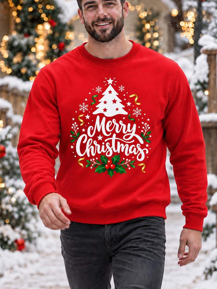 Men's Christmas Slogan Print Crew Neck Long Sleeve Casual Sweatshirt Holiday Party Red - Red - View 3