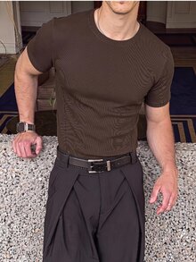 ESTAVOR 男士夏季休閒修身短袖T恤，標準尺寸，圓領，棕色純色附鈕扣 - 棕色 - 查看 1