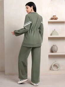 Veilorie Women's Colorblock Long Sleeve Top And Pants Casual Daily 2 Pieces Set - Army Green - View 2