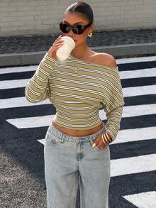 Muchica 女款海軍藍與黃色條紋T恤，夏季休閒日常穿搭蝙蝠袖不對稱領上衣，復古學院風馬匹印花街頭風 - 彩色 - 查看 3