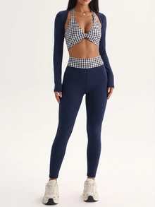 FavEase Women's Plaid Halter Neck Inner Top, Long Sleeve Cardigan And Long Pants Casual Daily Sports Set - Multicolor - View 3