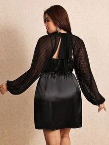 Elaquor Plus Size Satin Sexy Cami Dress With Cropped Rhinestone Top 2 Pieces Set - Black - View 2