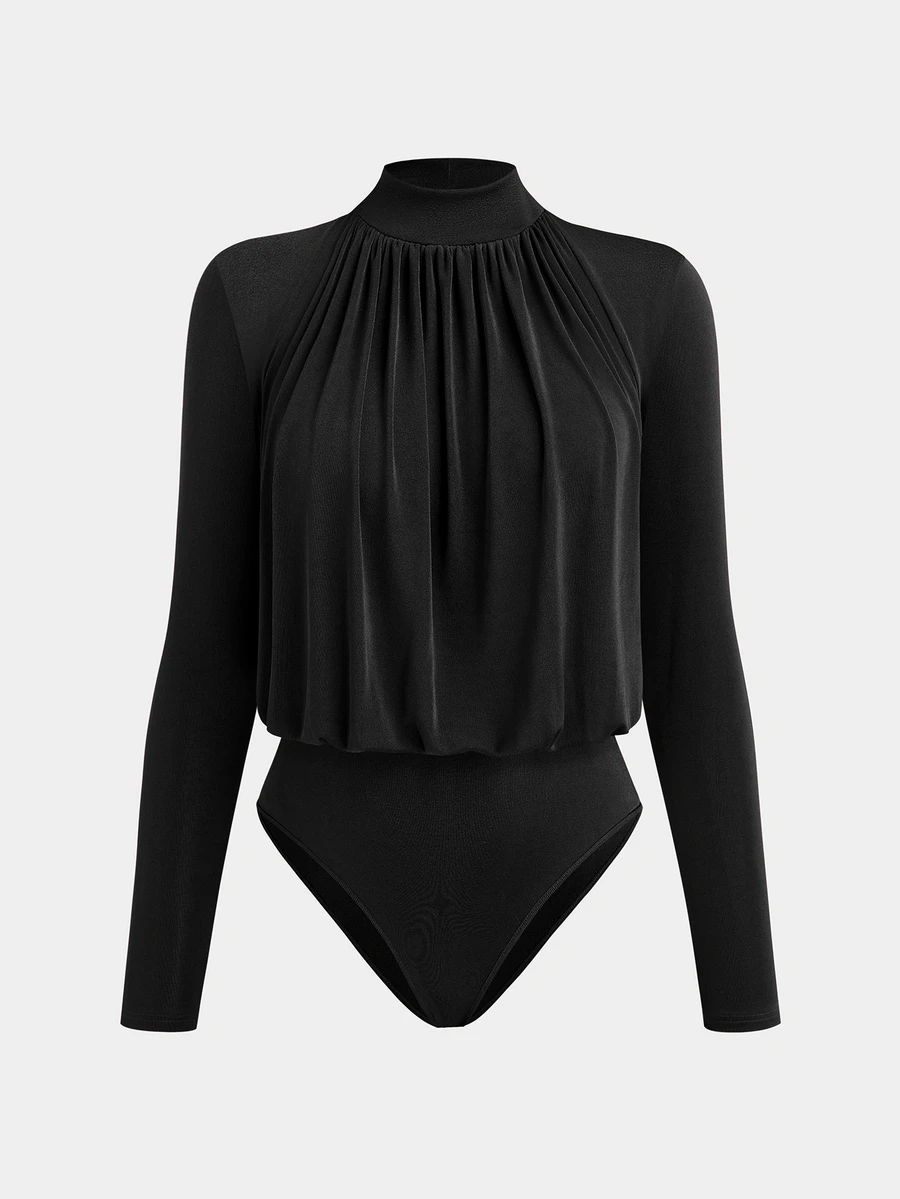 Sweetra Plus size vinröd body med hög krage, rynkad bröstdetalj, figursydd och lång ärm, vinter - Svart - Visa 1