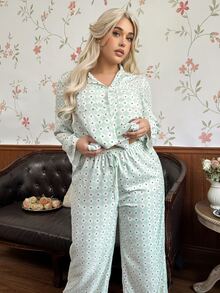 CottageSlumber Plus Size Women's Fresh Geometric Print Open Front Long Sleeve Long Pants Pajama Set - Mint Green - View 1