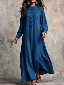 SHEIN New Women's Elegant Frog Button Zen Style Long Dress - Blue - View 4
