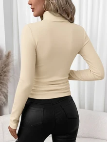 SHEIN Clasi 女款休閒高領修身長袖T恤，適合秋冬，百搭百搭，女款通勤穿搭，百搭上衣，外出穿搭，機場穿搭，畢業典禮穿搭，新年穿搭 - 杏色 - 查看 2