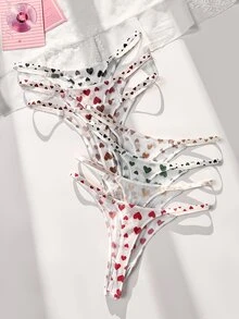 SHEIN 7pcs Heart Print Mesh Thong Panties Set - Multicolor - View 2
