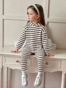 Elladie kids 青少年女孩格紋連帽2件套服裝，長袖連帽衫與彈性長褲套裝，休閒套裝，適合春秋穿著 - 白色 - 查看 3