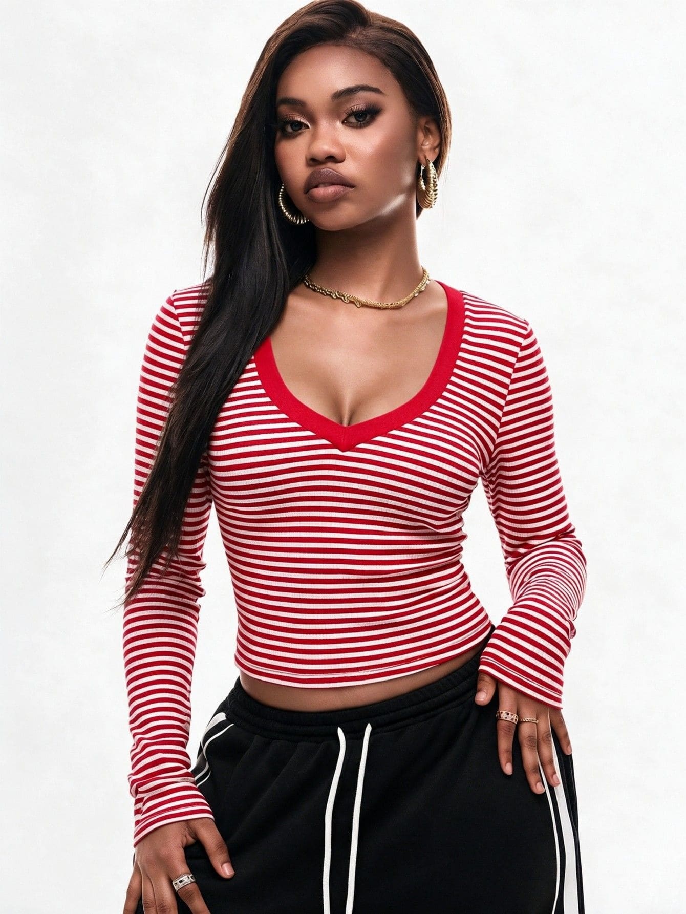 Vadaroq Women's Fall/Winter Streetwear Casual Daily Wear Knit Striped Red V-Neck Long Sleeve Fitted Sweater, Red, Winter, Elegant - Red and White - View 1