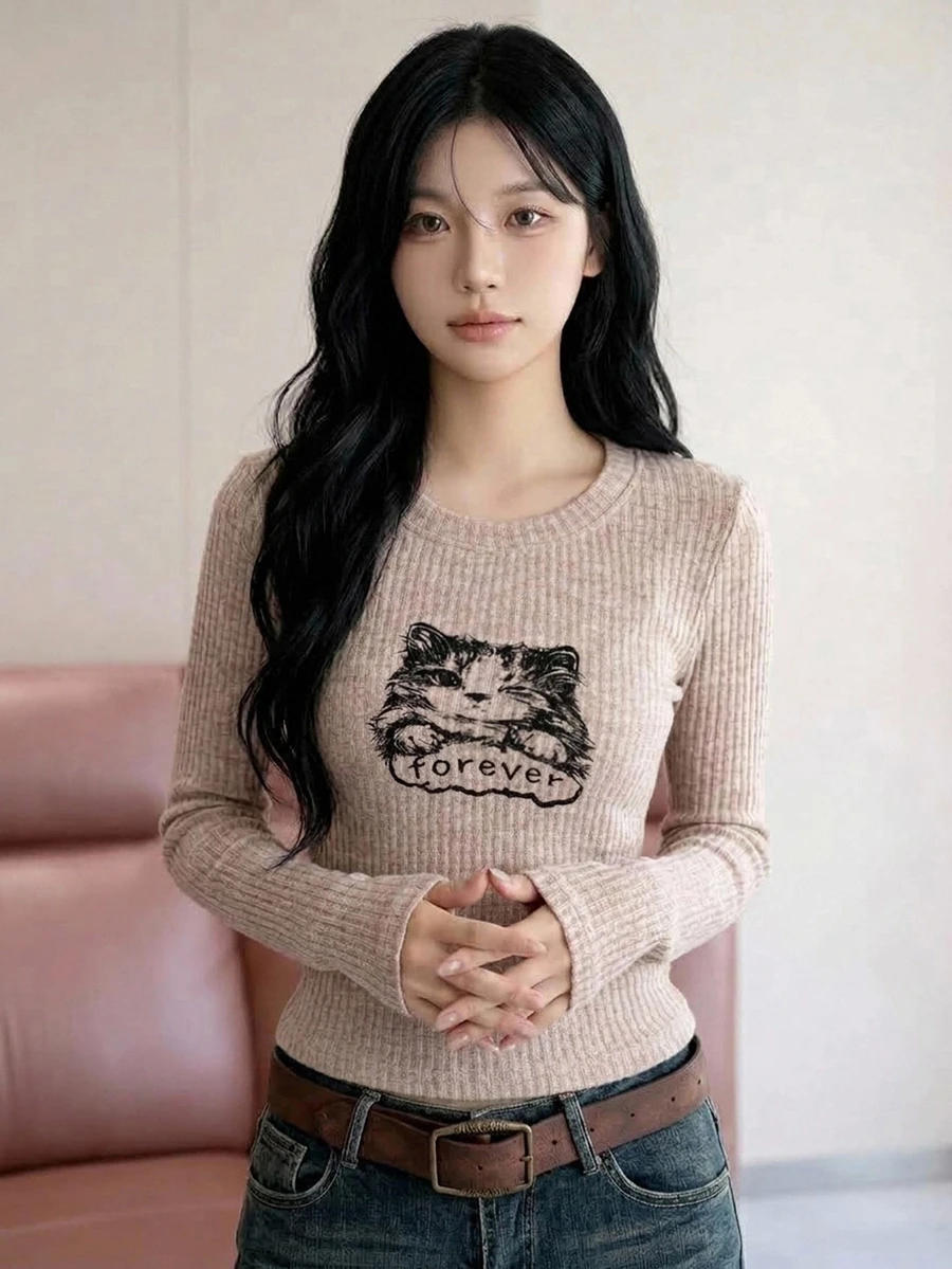 DAZY 青少年女孩卡通貓咪印花圓領長袖休閒T恤 - 卡其色 - 查看 1